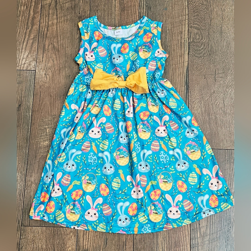 Blue Bunny Print Kids Dress with Yellow Bow